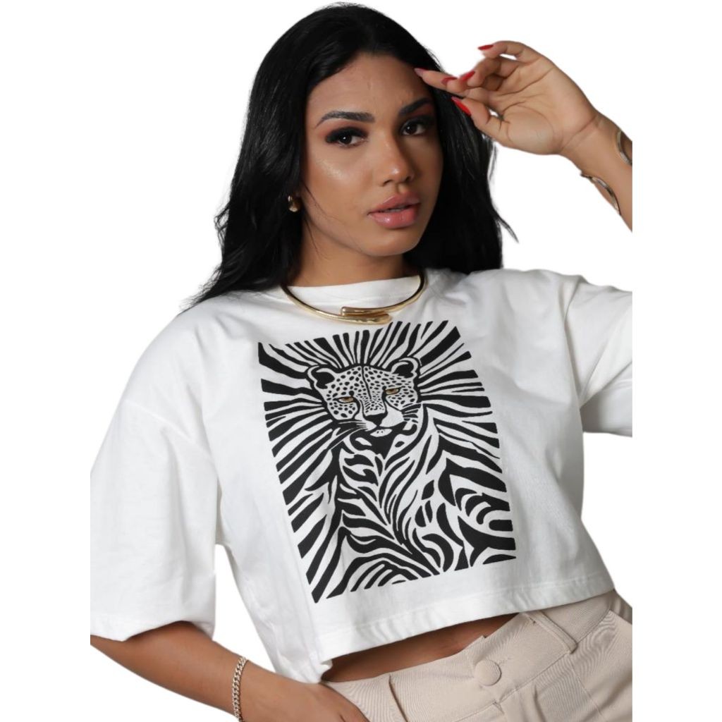 Cropped Feminino Oversized Tigre Estampado 100% Algodão