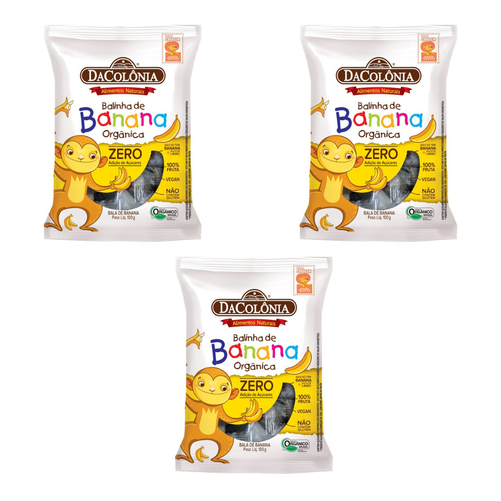 Kit 3 Balas de Banana Orgânica Zero Açúcar DaColônia 300g em Oferta na Shopee