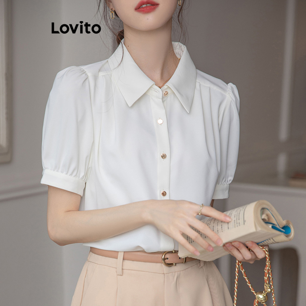 (Trendy) Lovito Blusa Casual Blusa Lisa Franzida Para Mulheres LNA63406 em Oferta na Shopee