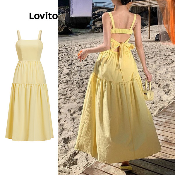 Lovito Vestido Boho Vestido Liso Com Cadarço E Recorte Para Mulheres L99ED704 - Women Clothes