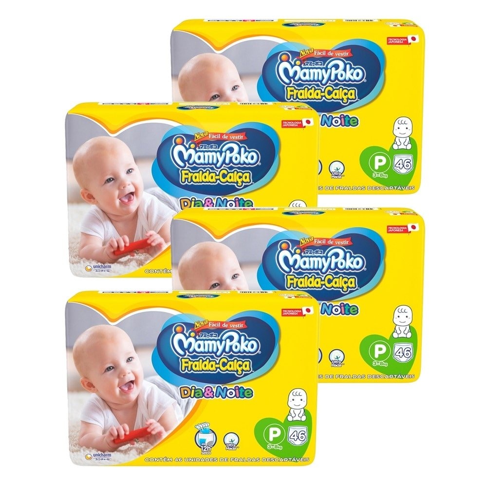 Fralda Descartável MamyPoko Calça Dia & Noite Tamanho P - 4 Pacotes com 46 Fraldas - Total 184 Tiras