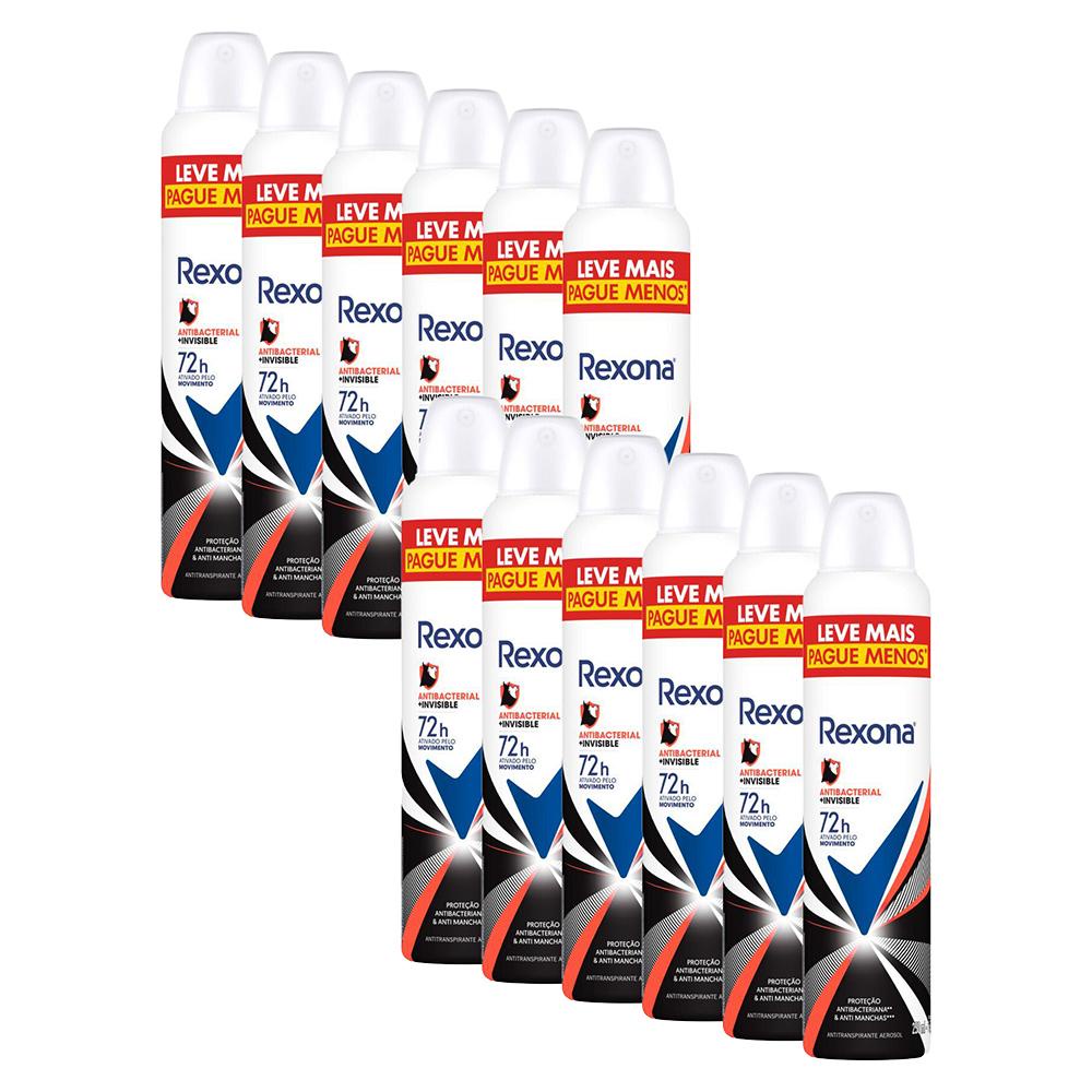 Kit com 12 Desodorantes Antitranspirantes Aerosol Rexona Antibacterial + Invisible 250ml