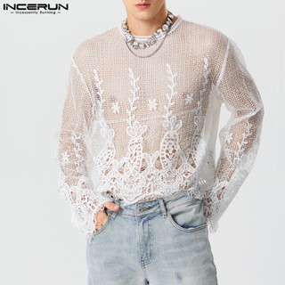 INCERUN Homens Vintage Lace Fringe Corte Em Renda Camisetas De Manga Comprida