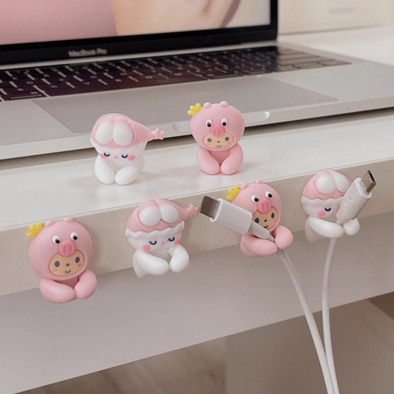 1 Conjunto = 2 Pcs Cute Cartoon Charger Cable Winder Caixa Protetora Do Cabo Fone De Ouvido Proteção Linha De Dados Protetor De Parede Ganchos Organizador De Mesa Cabide