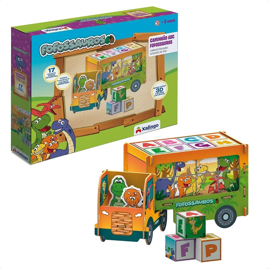 Brinquedo Caminhão ABC Playset Fofossauros 17 Peças MDF +3 Anos 16 cubos Cartonados Xalingo - 54476