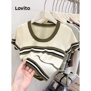 Lovito Casual Camiseta de Manga Curta Listrada para Mulheres LNA21137 (Damasco /Preto)