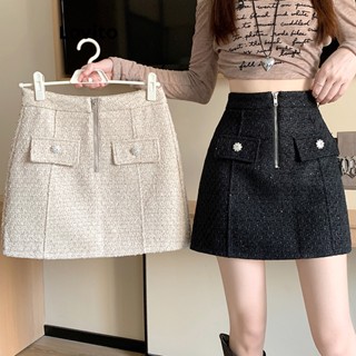 Lovito Casual Saia Feminina Lisa com Zíper Strass e Bolso Falso LNE30035 (Damasco/Preto)