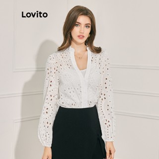 Lovito Elegante Blusa Feminina Com Botões Bordados Florais Frontais E Gola L47LD025 (Branca)