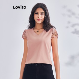 Lovito Blusa Casual com Renda e Tecido em Patchwork para Mulheres LBE03029 (Rosa Antigo)