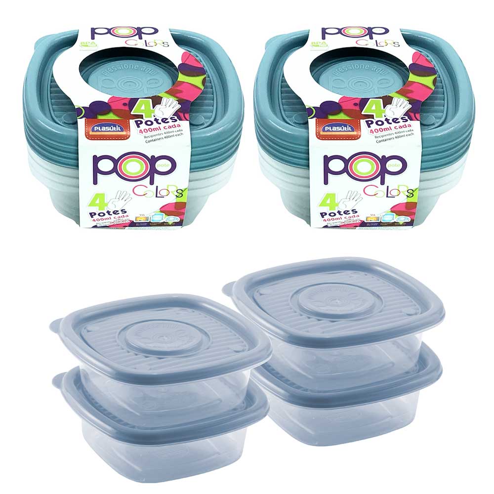 Kit 8 potes 400ml plástico azul para alimentos frutas legumes mantimentos comida freezer microondas geladeira marmita vasilha tapuer tapauer tapoer Plasútil