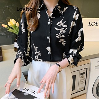 Lovito Blusa com Botões na Frente e Estampa de Plantas e Flores para Mulheres LNE18041 (Preto)