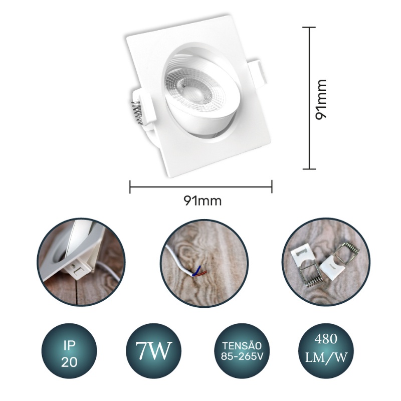 Kit 5 Luminária Spot Led Quadrado Direcionável 7W Embutir Gesso Teto| Branco Quente 3000K(Luz Amarela)   | Branco Frio 6500K (Luz Branca) Bivolt Spot Pronta Entrega Super LED