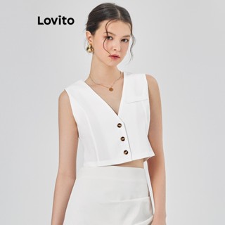 Lovito Elegante Blusa Feminina Lisa com Bolso Falso e Botão L68ED067 (Branco)