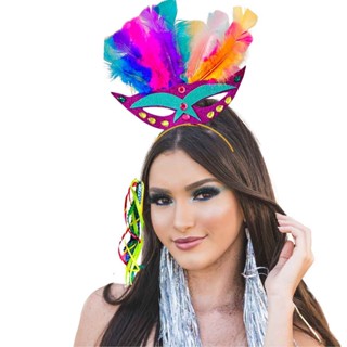 Tiara Carnaval Máscara C/ Penas Bloquinho Fantasia Carnaval