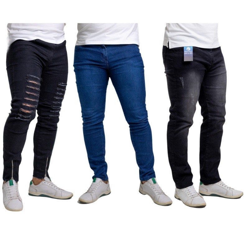 Kit 3 Calça Jeans Masculina Slim Preta Rasgada Zíper+Azul Used(Escolha A Terceira Peça) Outlet