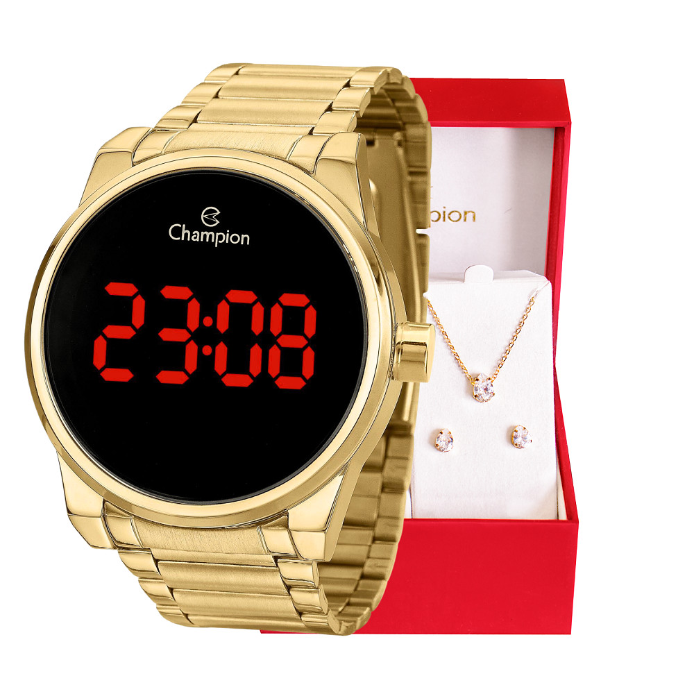 Relógio Champion Feminino Digital Dourado LED Vermelho Original Luxo CH40124H + Colar e Brincos em Oferta na Shopee