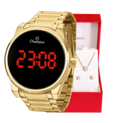 Relógio Champion Feminino Digital Dourado LED Vermelho Original CH40124H + Conjunto colar e brinco