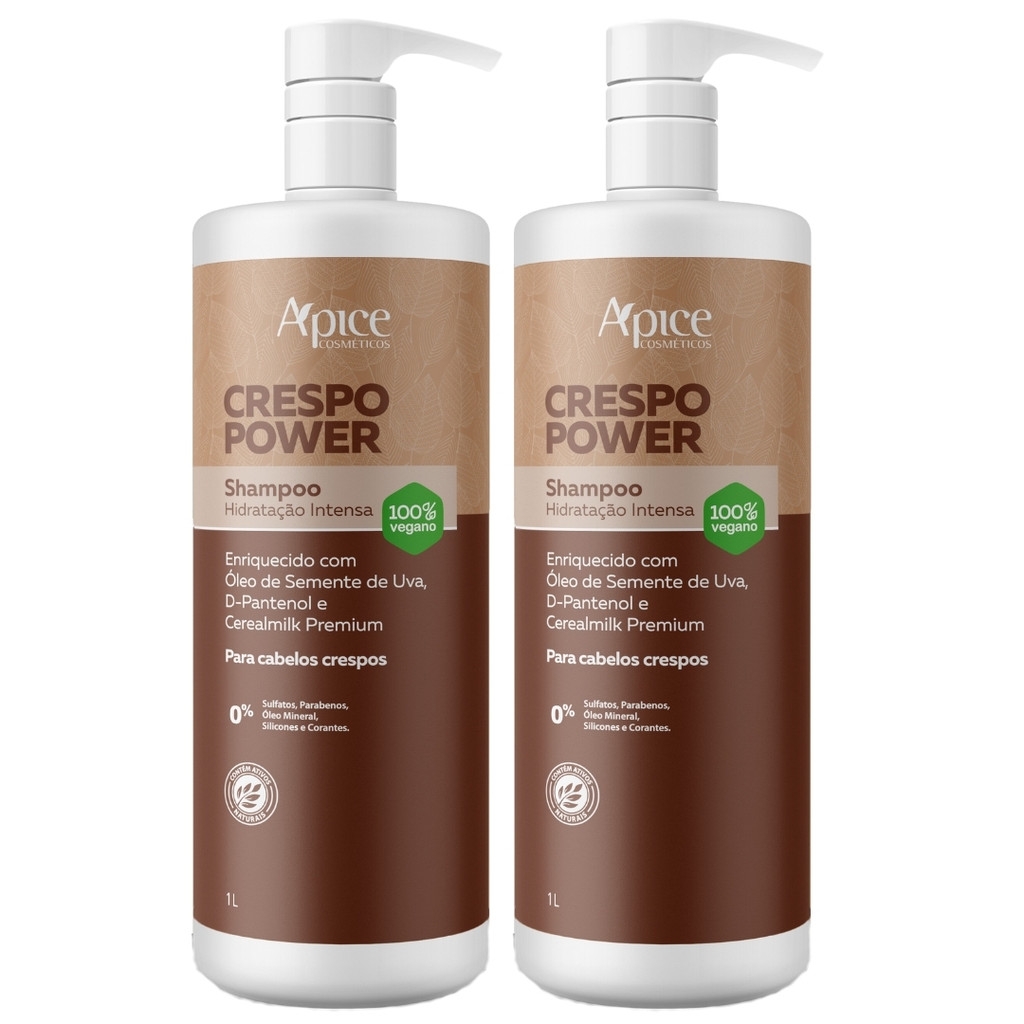 Kit 2 Shampoo Crespo Power Apice Hidratação Cabelo Maciez Profissional Limpeza Suave Vegano 1L
