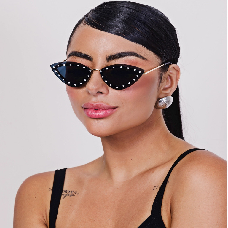 Óculos De Sol feminino Gatinho Com Strass Cristal Blogueira Virginia Retro