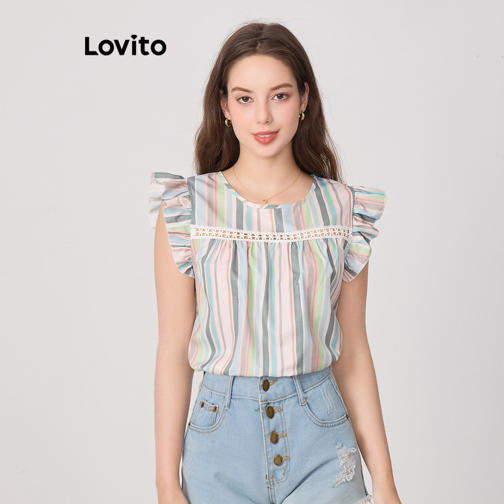 Lovito Boho Blusa Feminina com Babado Estmpa Listrada com Fita Contrastante L83ED041 - Women Clothes