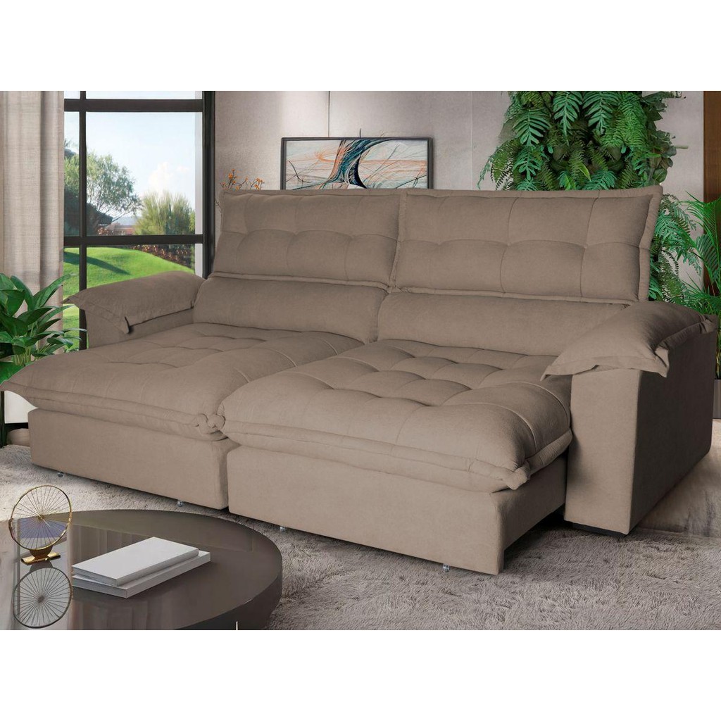 Sofá Retrátil Reclinável Aconchego 2,70m Bouclê Marrom em Oferta na Shopee