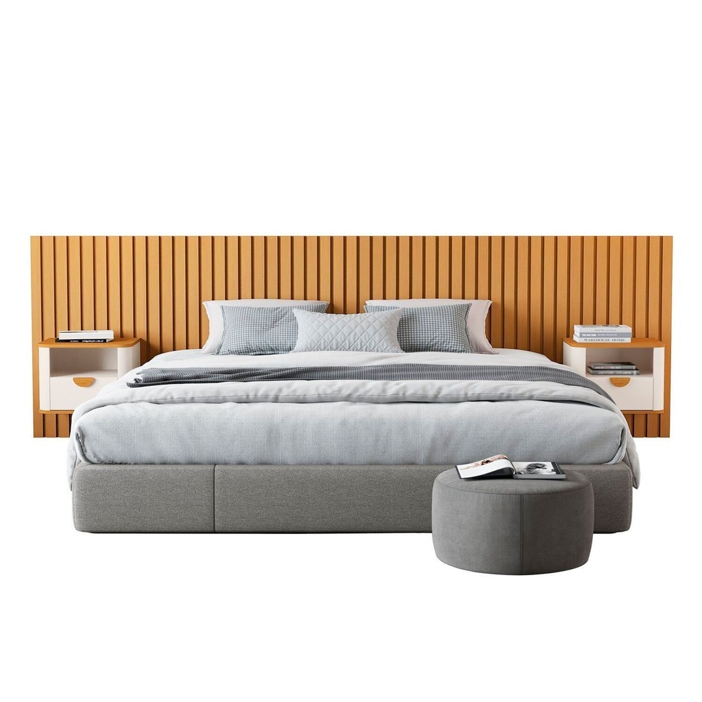 Ripada Maracá King com 2 Mesas de Cabeceira Buriti Marrom Offwhite/Nature OffWhite/Nature