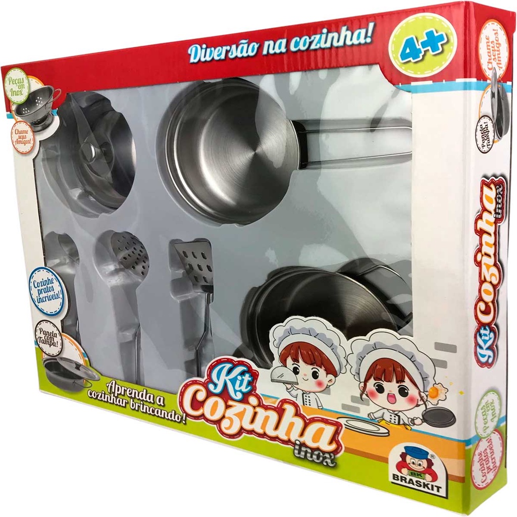Brinquedo Kit Cozinha 6 Peças Em Inox Braskit Frigideira Panelinha e Utensílios Crianças +4 Anos