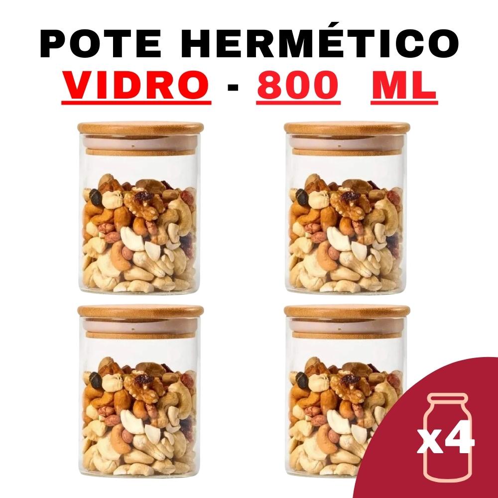 Kit Potes de Vidro Herméticos com Tampa de Bambu 800ml - 10x12,5 - Design-Elegante - Multiuso - Sem-Vazamentos - Preservação-Alimentos - Durável - Organização-Cozinha - Eco-amigável - Alimentos-Frescos - Prático - Natural - Armazenamento - Vedação