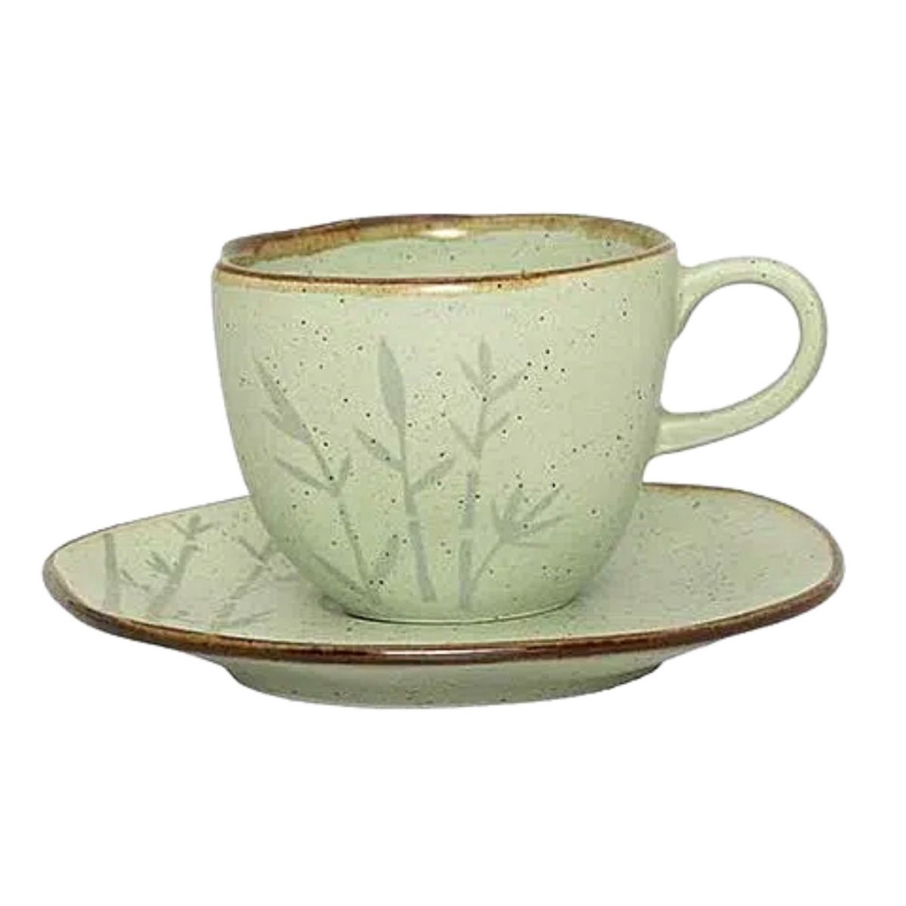 Xícara Chá 220ml Com Pires Irregular Ryo Bambu Porcelana Oxford Capuccino Chocolate Quente Restaurante Cafeteria