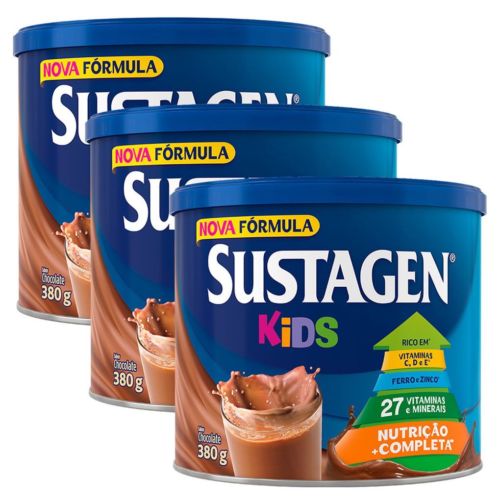 Complemento Alimentar Sustagen Kids Chocolate Lata 380g | Kit com três unidades em Oferta na Shopee