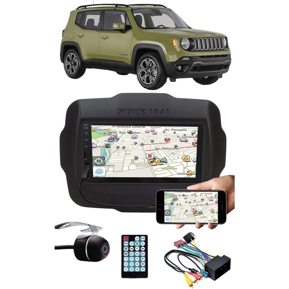 Multimídia Jeep Renegade Espelhamento Bluetooth USB SD Card + Interface Comando Volante + Moldura + Chicotes + Câmera Ré