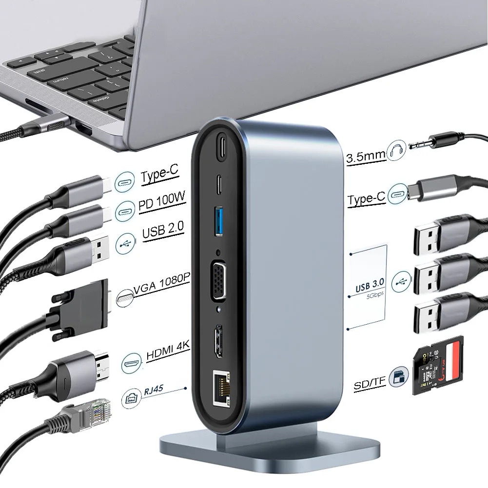 12-em-1 USB C HUB Docking Station Adaptador compatível com HDMI 4K 30Hz PD 100W Tipo-C HUB USB 3.0 Splitter para Laptop MacBook Pro Air