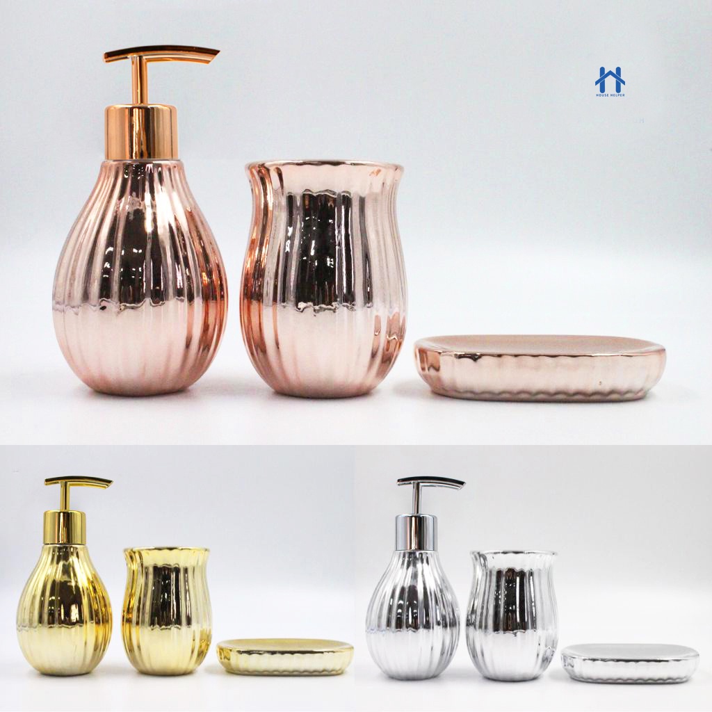 Kit de Banheiro (399C) Cerâmica Gold 3 Peças Porta Sabonete Líquido /Saboneteira/Porta Escova em Oferta na Shopee