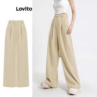 Lovito Casual Calça Feminina Lisa Reta com Bolso e Botão L65ED077 (Cáqui)