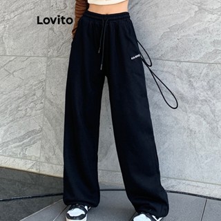 Lovito Calças Casuais Com Bolso Liso E Cordão Para Mulheres LNE31236 (Preto)