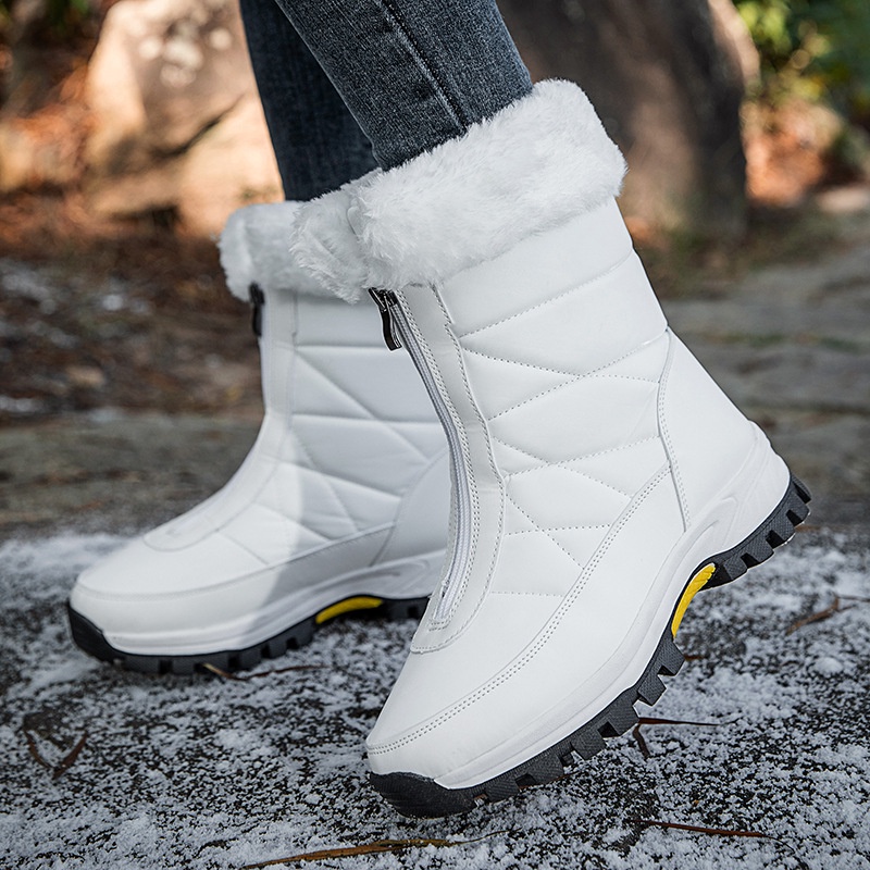 Botas de neve impermeáveis do meio feminino tubo com zíper frontal plus size à prova de frio e quente botas de algodão de lã ao ar livre sapatos de inverno por atacado
