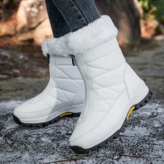 Botas de neve impermeáveis do meio feminino tubo com zíper frontal plus size à prova de frio e quente botas de algodão de lã ao ar livre sapatos de inverno por atacado