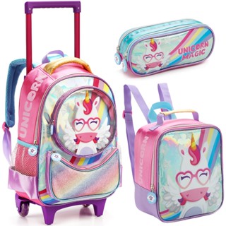 Kit Escola Menina Unicórnio Mochila Estojo Lancheira Passeio