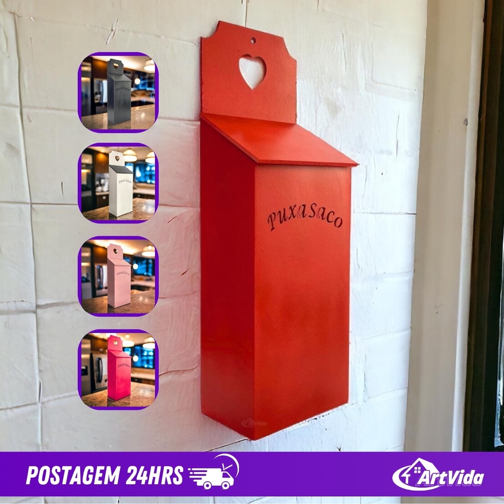 Puxa Saco Porta Sacolas MDF Madeira Vermelho Preto Branco Rosa Elegante Minimalista - ArtVida