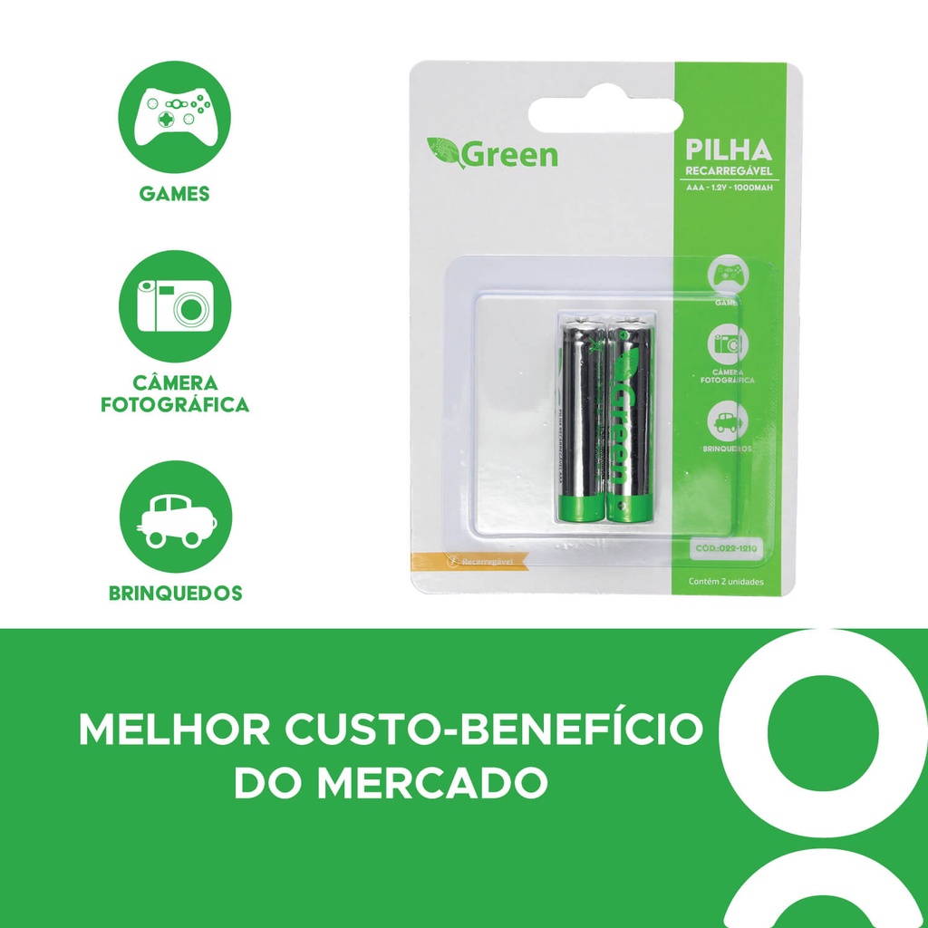 Pilha Recarregável Aaa Palito 1000mah Green Blister C/2 Unid