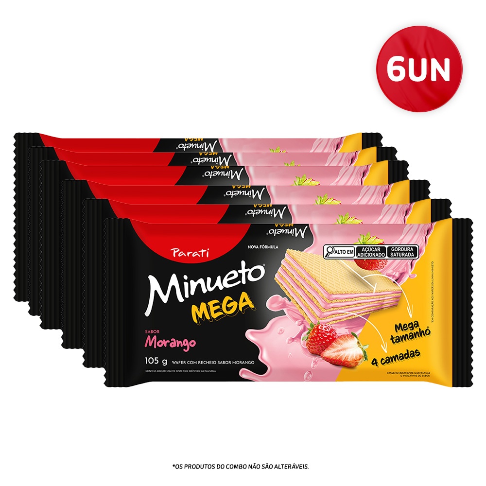 Combo Wafer Minueto Mega Morango 105G - 6 Unidades