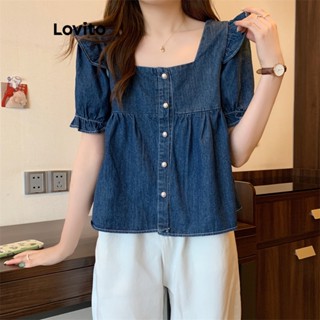 Lovito Casual Blusa Feminina Lisa Jeans Plissada com Botão Frontal LNE22026 (Azul)