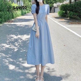 Lovito Vestido Casual Liso Franzido Para Mulheres LNE36197 (Azul)