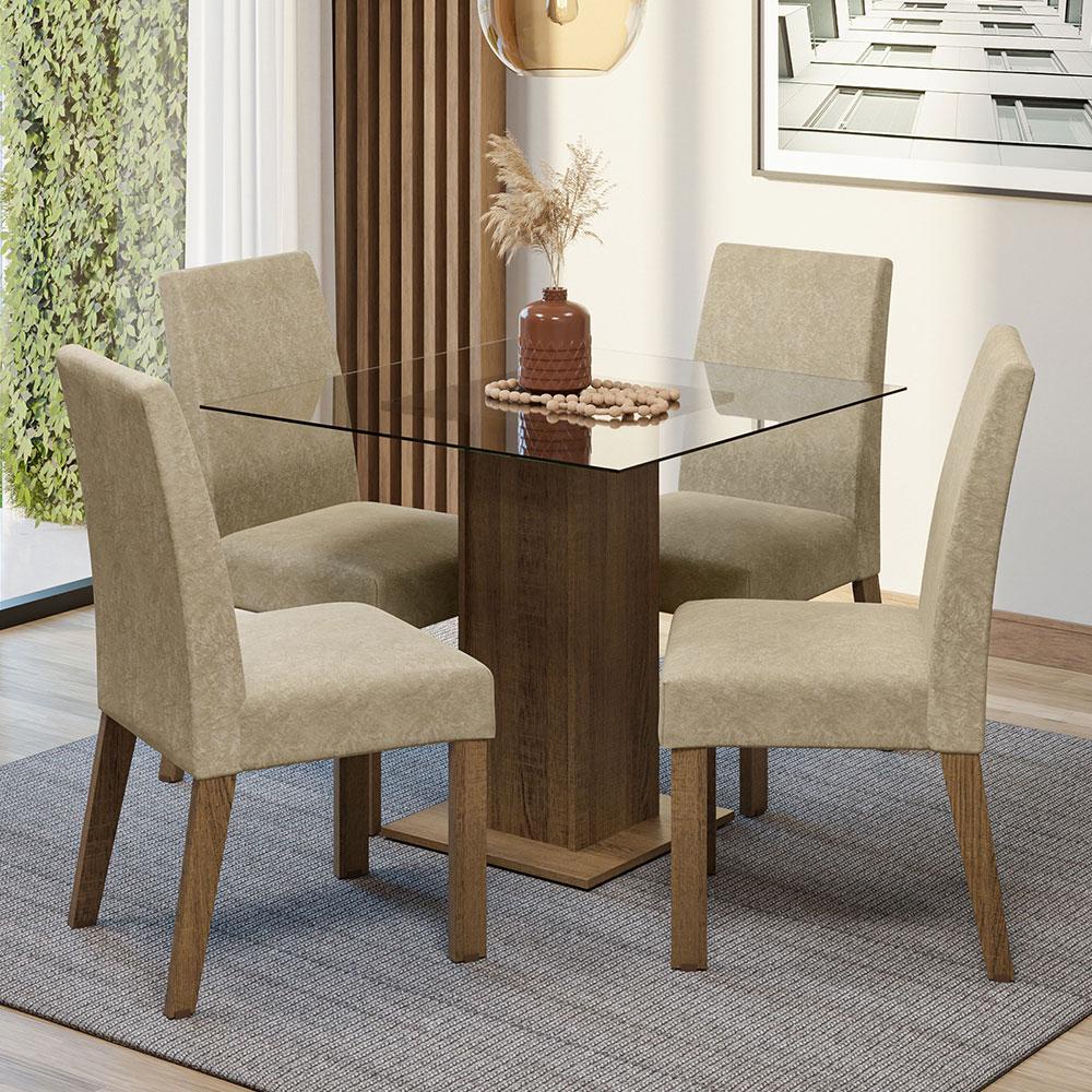 Conjunto Sala de Jantar Mesa Tampo de Vidro 4 Cadeiras Rustic/Imperial Ivy Madesa em Oferta na Shopee