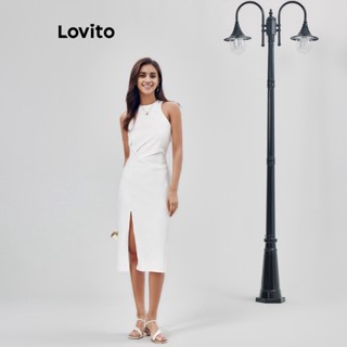 Lovito Casual Vestido Feminino Liso Franzido com Fenda L68ED346 (Damasco)