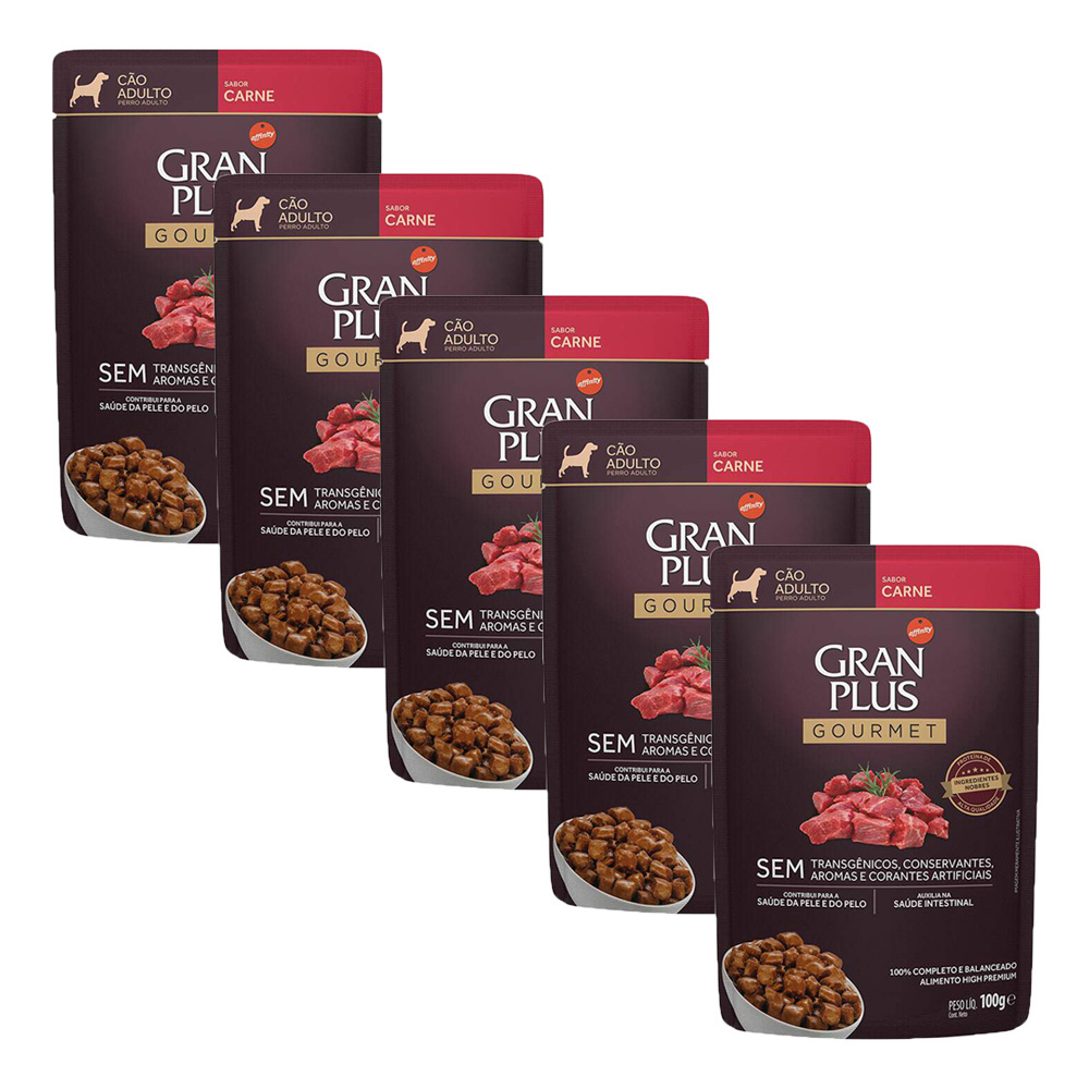 KIT 5 Ração Úmida Gran Plus Gourmet Cães Adultos Carne 100g em Oferta na Shopee