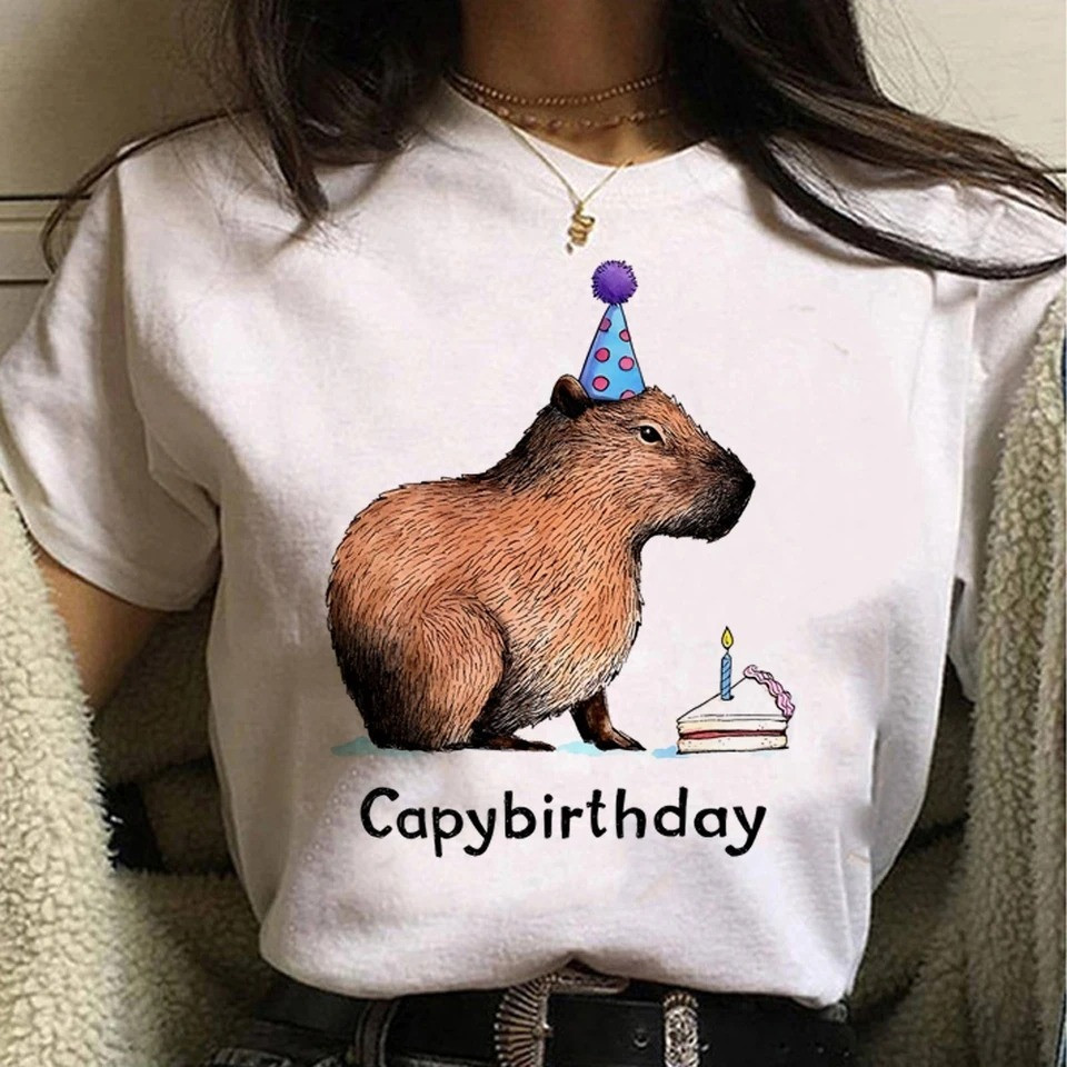 Camiseta Algodão Estampada Capybirthday Capivara Aniversário Blusa Camisa Casual Unissex Feminino Masculino 100% Algodão