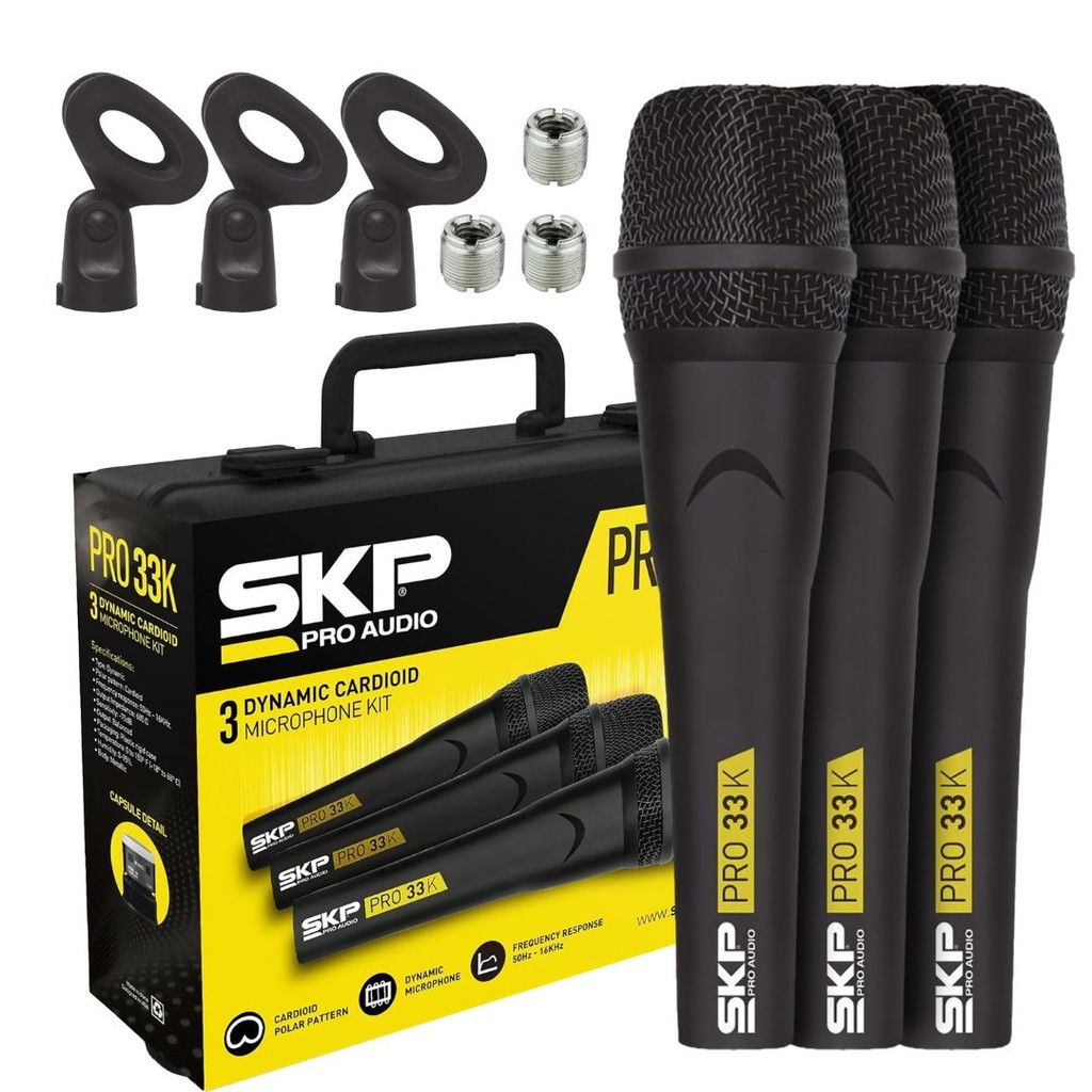 Kit 3 Microfones Profissional Dinâmico Com Fio e Case PRO-33K SKP