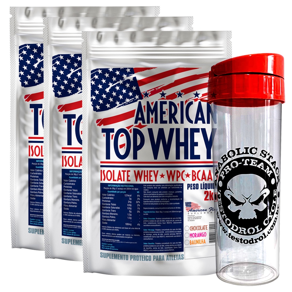 Kit 3X Suplemento Whey Isolado e Concentrado Top 2KG mais Garrafa de Água 700ml