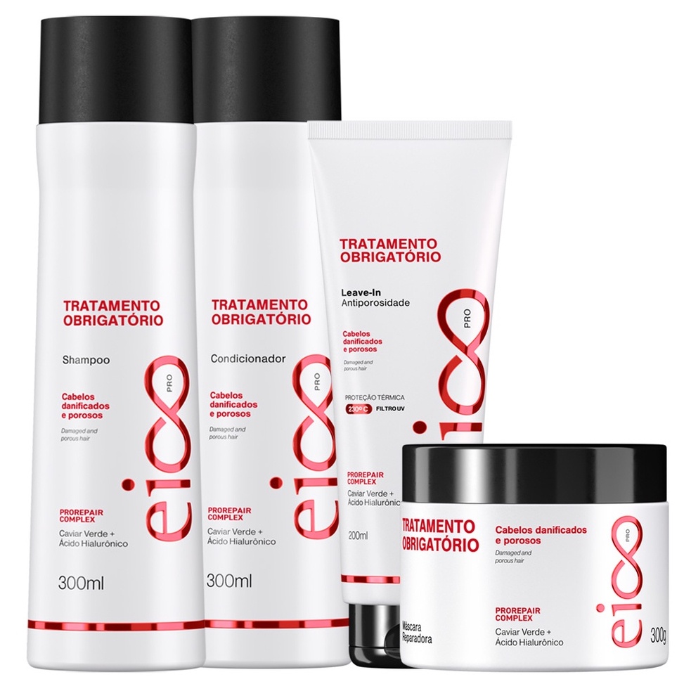 Kit Eico Pro Tratamento Obrigatório Reconstrução Reparação Capilar Shampoo Condicionador Máscara Leave-in em Oferta na Shopee
